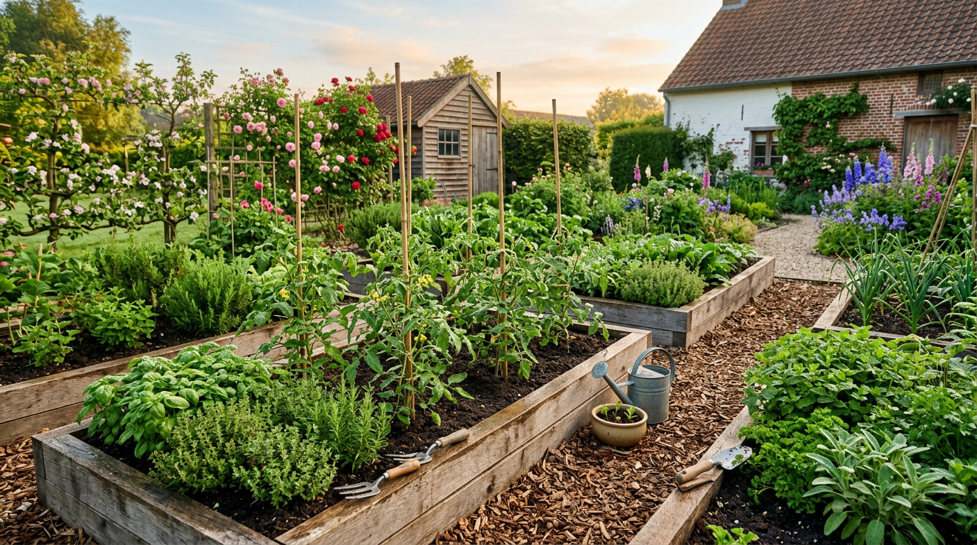 Bloemrijke Vlaamse moestuin in de lente