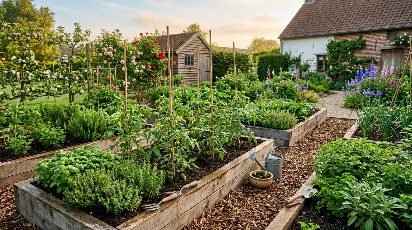 Bloemrijke Vlaamse moestuin in de lente